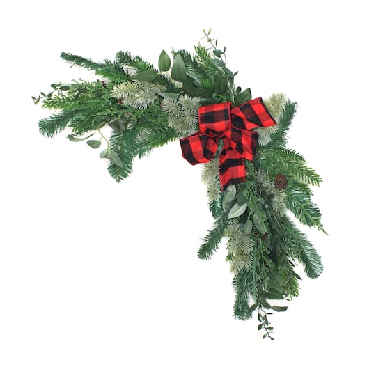 24&#x22; Mixed Pine, Leaves &#x26; Pinecone Corner Swags with Red Buffalo Check Bows, 2ct.